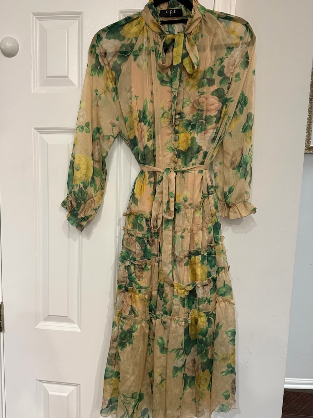 O.P.T. Beige Floral Tie-Neck Maxi Dress with Waist Tie